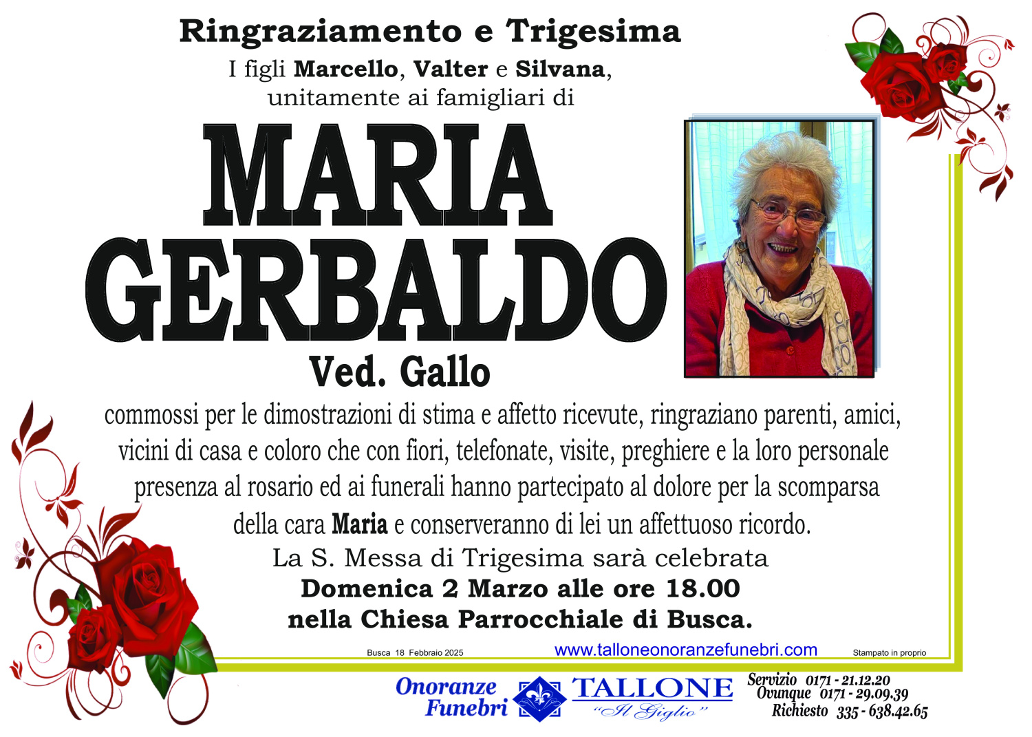<br />
<b>Warning</b>:  Undefined variable $info in <b>/home/tallone/public_html/ringraziamenti.php</b> on line <b>68</b><br />
Maria Gerbaldo